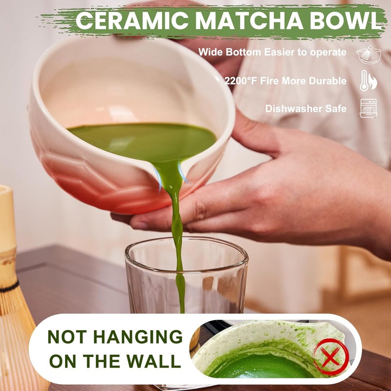 RANERANE Matcha Whisk Set, Lotus Gradient Red Ceramic Matcha Set Includes Matcha Bowl, Matcha Whisk (Chasen) and Holder, Sifter, Bamboo Scoop & Spoon - 6 Pcs Matcha Kit for Matcha Lovers - Image 4